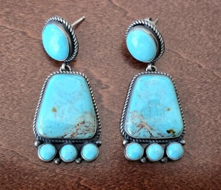 Vintage Navajo Kirk Smith Sterling & Turquoise Bear Paw Earrings 1.625” 17g