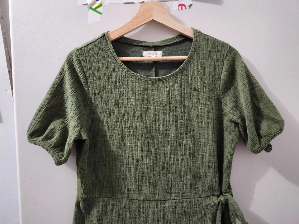 Vestido Madewell Feminino M GRN Crosshatch Manga Puff Envoltório Falso Textura Midi Sólida - Imagem 3 de 4
