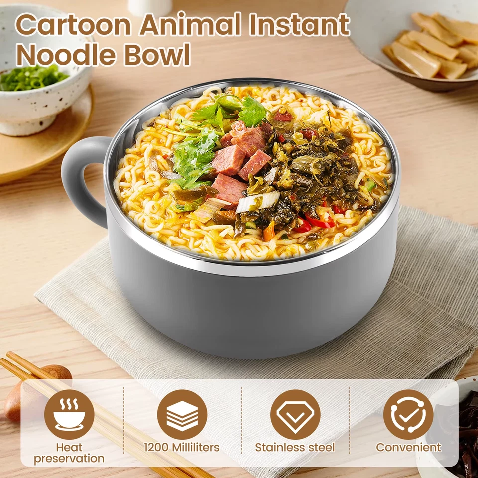 1200Ml Ramen Bowl with Lid Stainless Steel Noodle Cooker Salad, Rice & Soup Bowl - Image 4 of 4