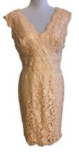 TADASHI SHOJI Peach Lace Sheath COCKTAIL DRESS Size 10 - Scallop VNeck ELEGANT!