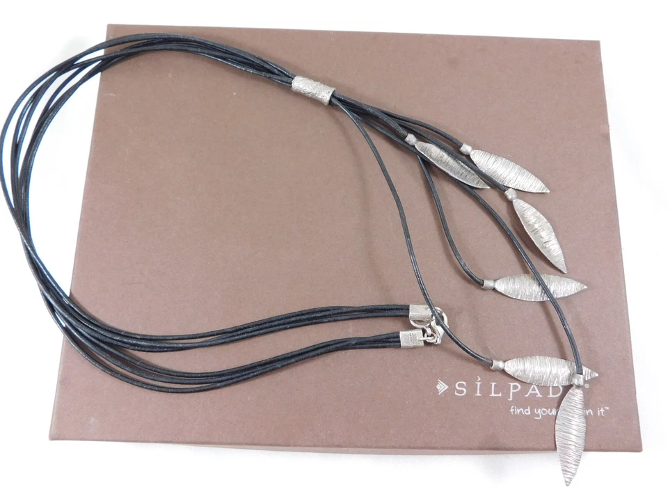 Collar en cascada SILPADA PLATA ESTERLINA CUERO NEGRO HOJA EN CAPAS N3224