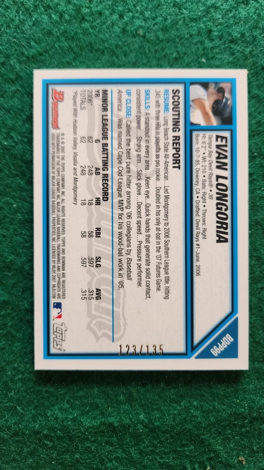 Lote de cartões de beisebol Evan Longoria coleção controle remoto inserção GQ #'d Bowman relíquia cromada - Imagem 4 de 4