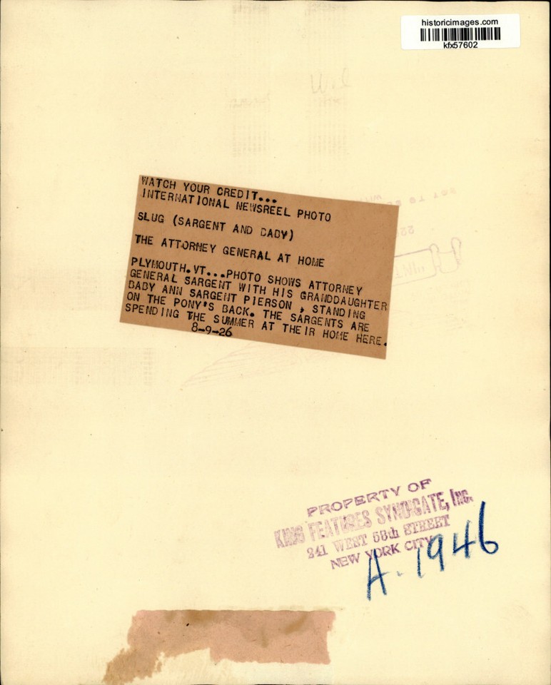 1926 Press Photo Attorney General Sargent with granddaughter and pony