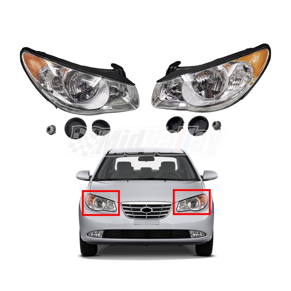 Set Of 2 Front Headlamps – Left & Right – For 2007-2009 Hyundai Elantra – Halogen – Mid Valley Parts