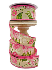 Pink White Rose Peonies Flower Floral Ribbon 1.5" Pink Wire Edged 5 YDs Deluxe