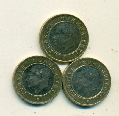 3 NICE AU-UNC BI-METAL 1 LIRA COINS from TURKEY (2017, 2018 & 2019)