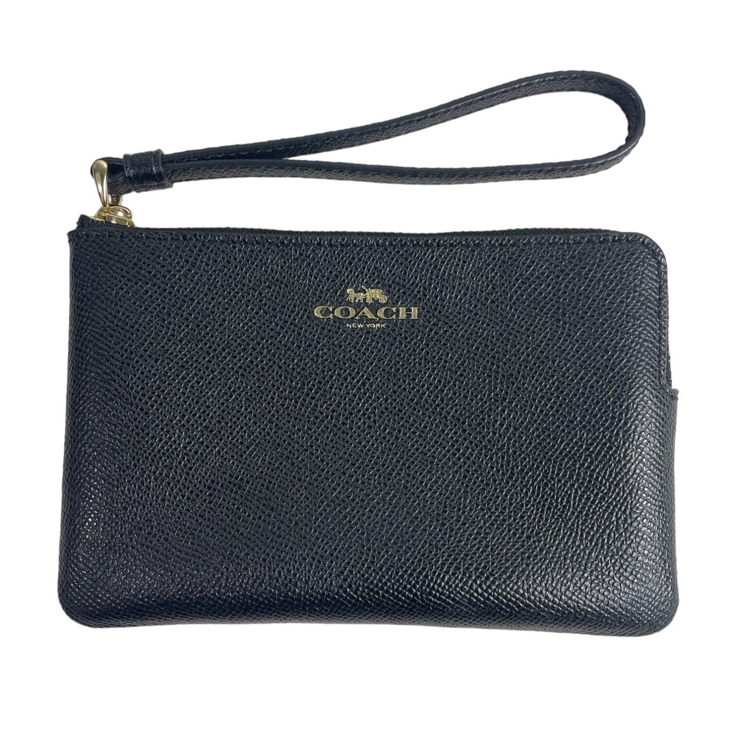 Borsa pochette Coach New York da polso in pelle nera con zip e logo color oro