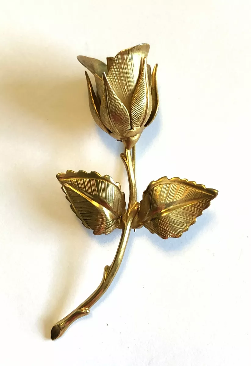Vintage Giovanni Stem Rose Brooch pin brushed gold tone