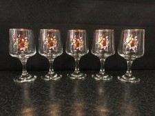 Set of 5 Vintage Wine/Sherry/Port Glasses with Floral Design and Gold Rim New