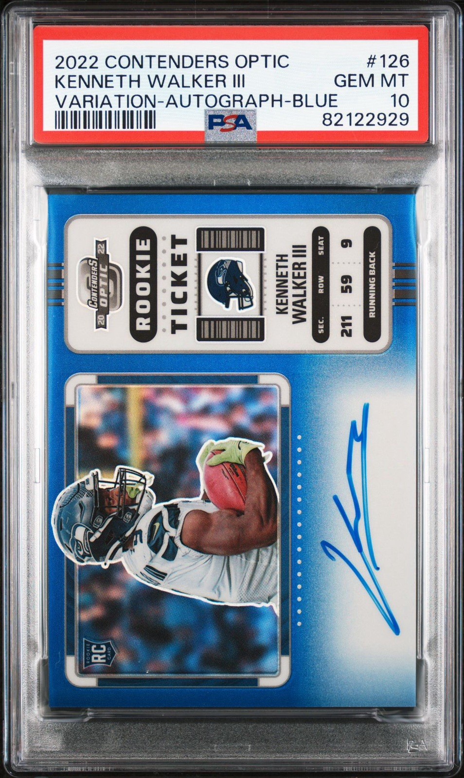 2022 Contenders Optic KENNETH WALKER III Ticket Variation Auto Blue /25 PSA 10🔥