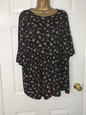 Boohoo Top Black Beige Ditsy Floral Peplum Tunic Size UK 20