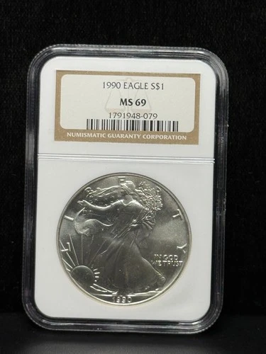 NGC MS69 1990 American Silver Eagle One Dollar Silver Coin -079