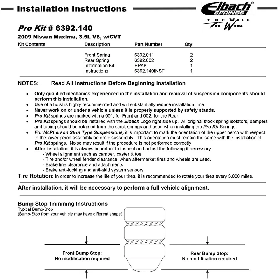 Kit de muelles rebajadores delanteros traseros Eibach 6392.140 PRO-KIT para 09-14 Nissan Máxima Foto 2 de 4