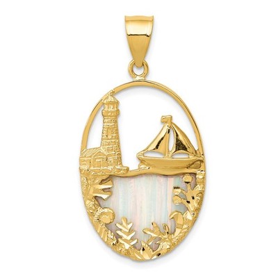 14k Gelbgold Lab Created Opal Leuchtturm und Segelboot Anhänger L-1,46 Zoll