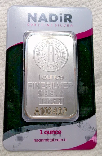 NADIR METAL REFINERS 1 OZ SILVER BAR CARDED SEALED 999 FINE SILVER BAR #103402