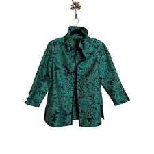 Ming Wang Jacquard Topper Jacket Size M Green Black Leaf Motif Wire Collar