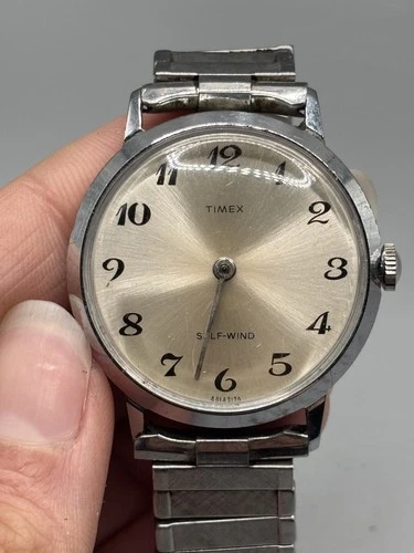 Vtg 1960s TIMEX MARLIN  Polished Chrome Champagne Dial Wind Up Works