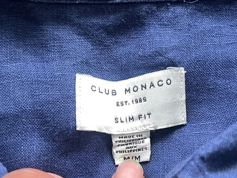 Camisa Club Monaco Para Hombre Mediana Azul Abotonada 100% Lino Calce Ajustado Foto 2 de 4