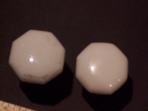 2 WHITE GLASS MILK GLASS ? DOOR KNOBS 2+INCH & 1 SLIGHTLY SMALLER - NO SHAFT INC