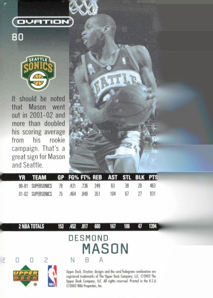 2002-03 Upper Deck Ovation #80 Desmond Mason - Image 2 of 2