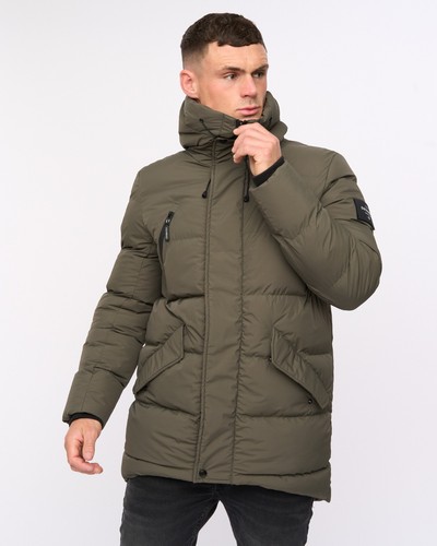 Mens Crosshatch Long above Knee Cosy Parka Jacket Puffer Padded Hooded Warm Coat - Picture 3 of 31