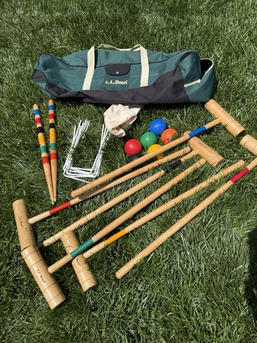L.L. Bean 6 Player Hardwood Croquet Set Green Canvas Tote Bag Great Quality