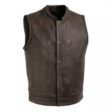 Men  s Brown Leather Motorcycle Vest Leather Biker Waistcoat Concealed Pockets