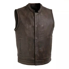 Men’s Brown Leather Motorcycle Vest Leather Biker Waistcoat Concealed Pockets