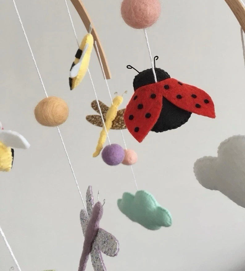 Handmade Butterfly Ladybug Baby Mobile-Nature Theme Crib Decor Gift With Clouds - Image 3 of 4