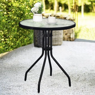 Outdoor Side Table Patio Metal Round Coffee Table Glass Top Black 24 Inch - Image 1 of 4
