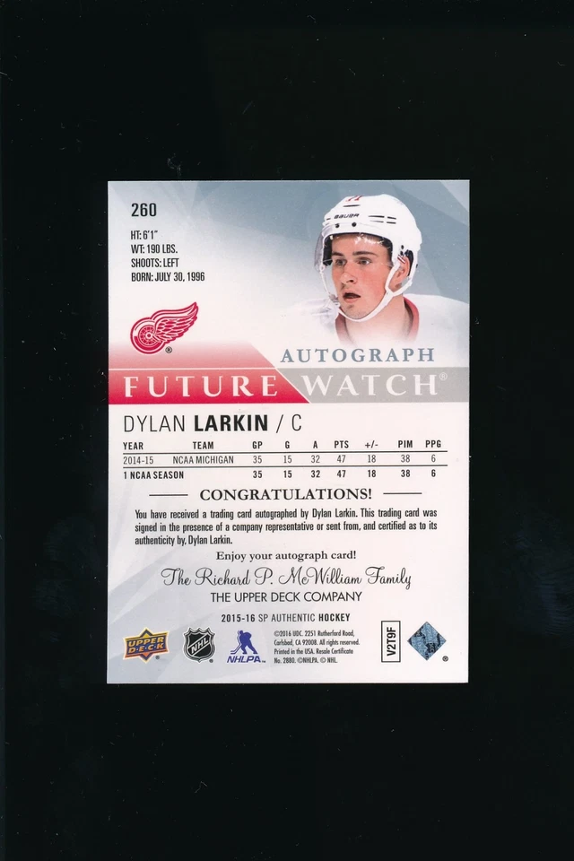 2015-16 Upper Deck SP Authentic #260 Future Watch Auto Dylan Larkin 153/999 RC - Image 2 of 2