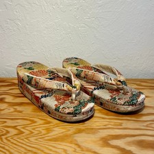 Vintage Japanese Sandals Floral Embroidered Slipper Womens Size 5