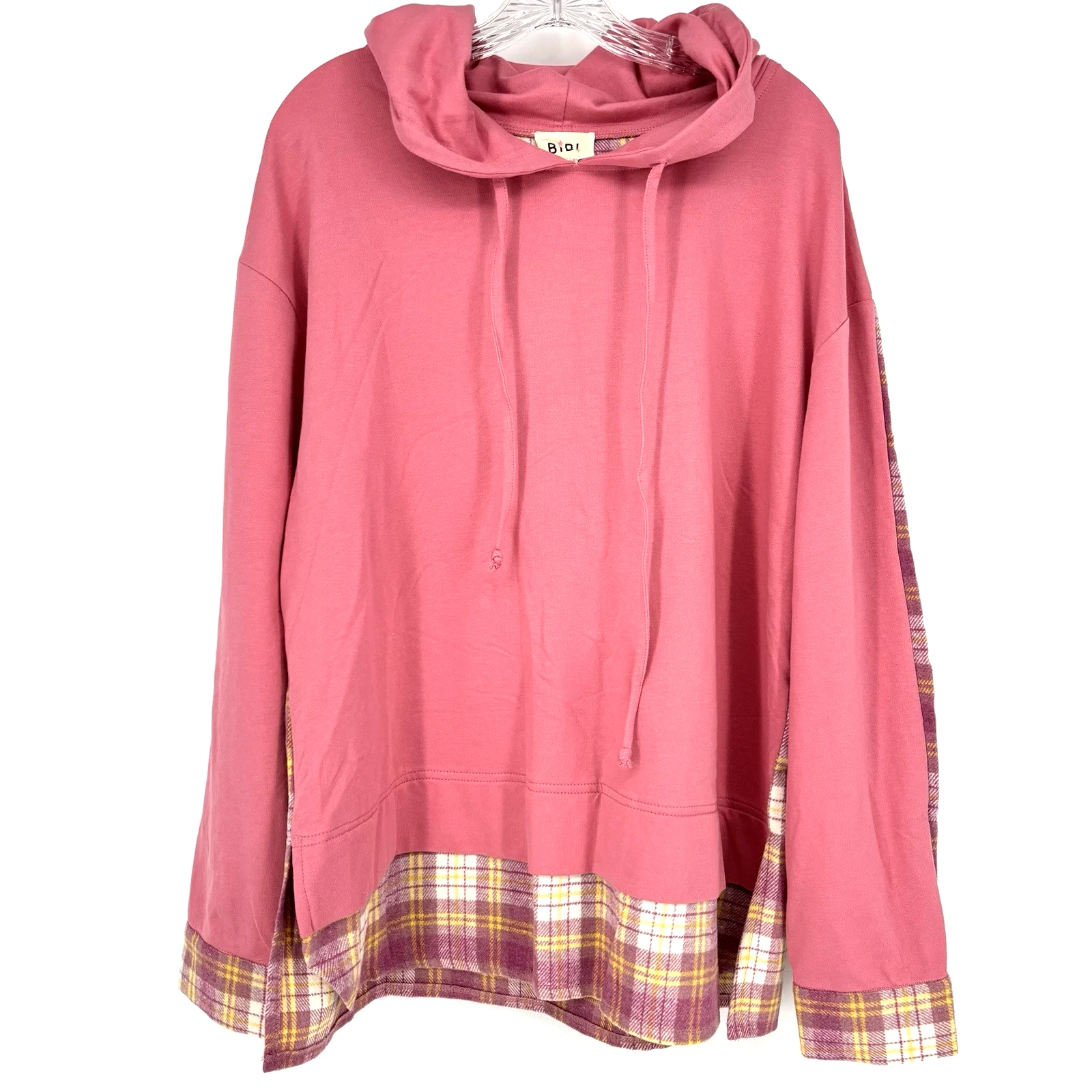 NWT Bibi Hoodie Pink Yellow Flannel Size Large Long Sleeve Button Cuff