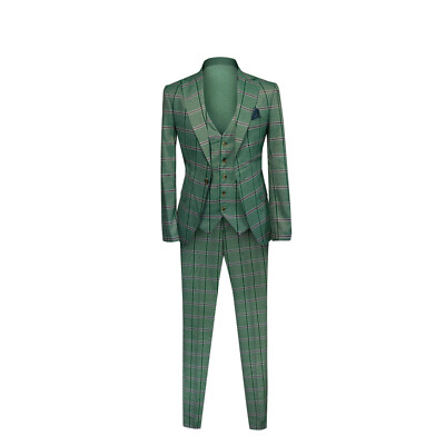 Mens Skinny Fit Suit Checked in Green with Waistcoat - Tuxedo Wedding Mens Suit