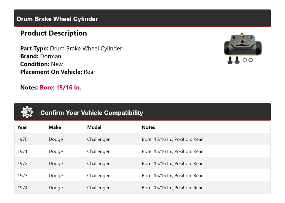 Cilindro trasero de rueda de freno de tambor para Dodge Challenger Dorman 1970-1974 1971 1972 Foto 2 de 4