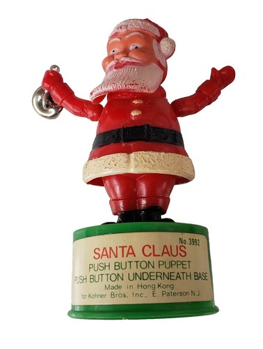 1960s Santa Claus Push Button Puppet - Kohner Green Base Bell Hong Kong Works - Picture 2 of 8