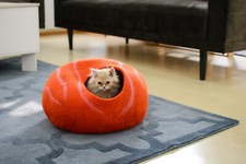 Round Felt Cat Cave In Orange Handmade Wool Cat House For Your Lovely Pet