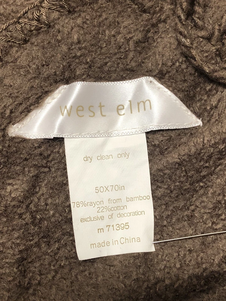 West Elm Wool Blend 50x70 Throw Blanket Dark Brown Rayon Cotton Fringe Soft NWOT - Image 4 of 4