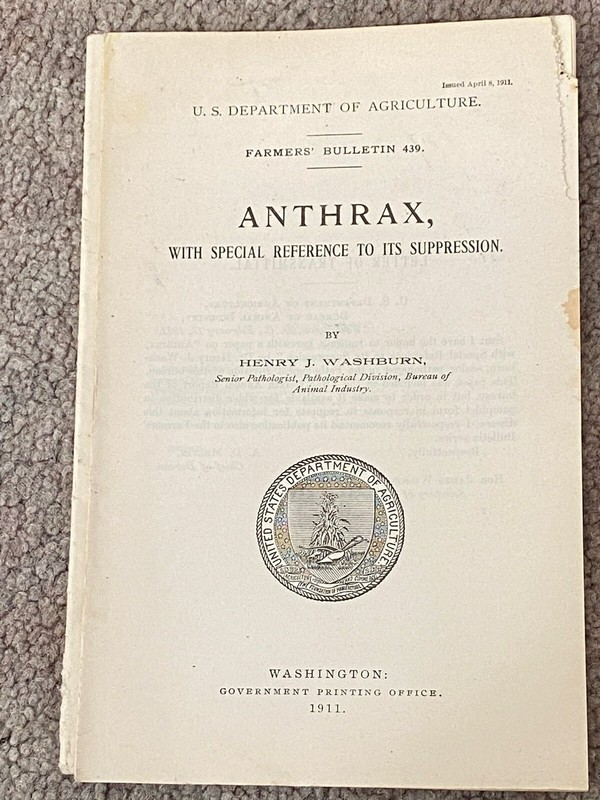 US Dept Of Agriculture Bulletin 1911 Anthrax, It’s Suppression Vintage