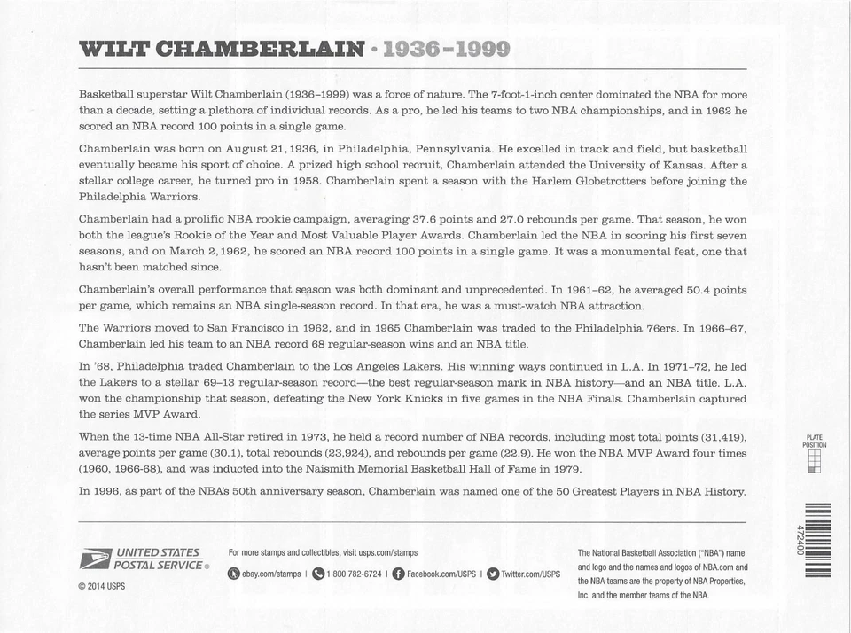 Wilt Chamberlain Pane of 18 Forever Stamps & 2 DCPs 2014 Scott #4950-4951 - Image 3 of 4