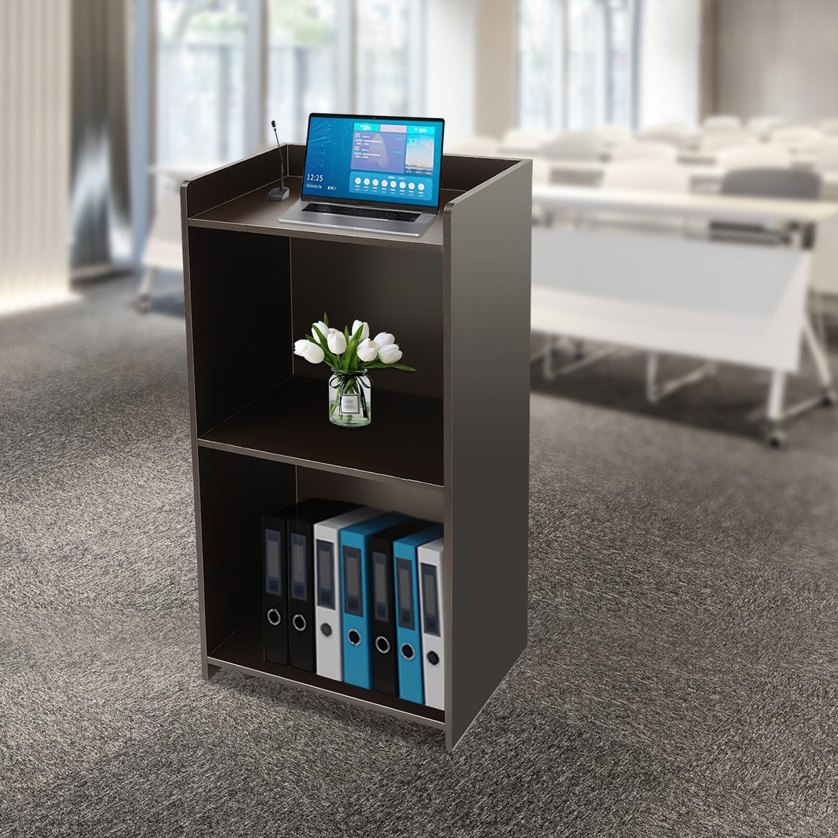 Wood Podium Stand With 2 Shelves - Standing Lectern For Church, Classroom, Presentations - Oak Finish, Cable Holes