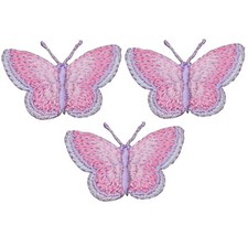 3-Pack Pink Butterfly Applique Patch - Embroidered Insect Badge 1-3/8" Iron On 