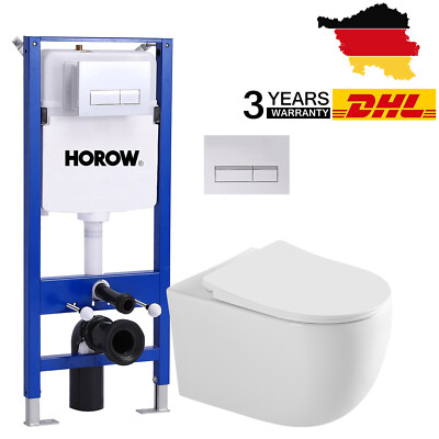 HOROW Hänge Wand-WC spülrandlos mit Vorwand WC Vorwandelement Drückerplatte
