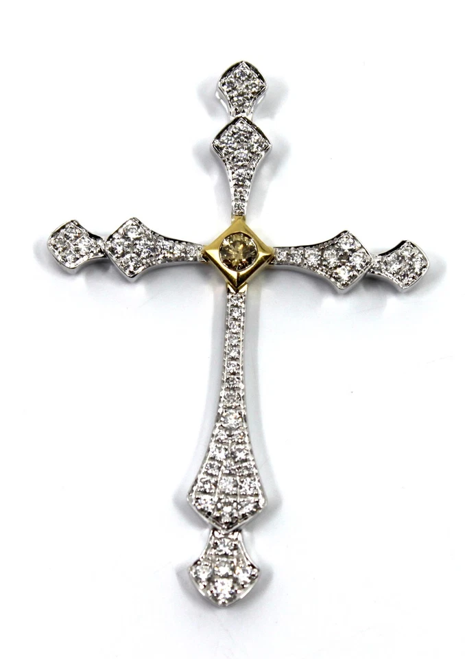 Diamond Cross Pendant 18k Solid White & Yellow Gold 0.60 Tcw 1.75"inch - Image 4 of 4