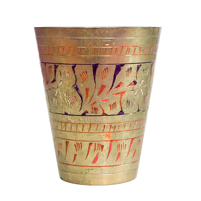 Antique Brass Cup Red Black Enamel Islamic Art Handcrafted 20s Egypt Cuneiform