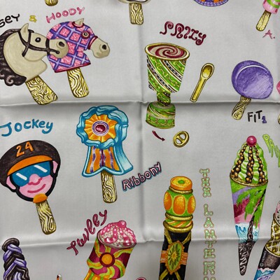 HERMES Carre 70 Funny Ice Cream Silk 100% Scarf White Multicolor