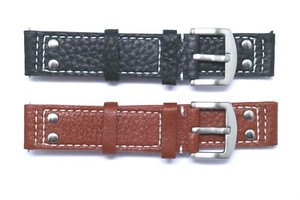 2Pcs 20mm Black & Brown Double Rivet Style Buffalo-Grain Leather Watch Strap