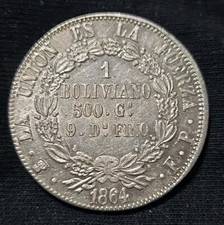 ***RARE*** 1864 PTS FP BOLIVIA 1 BOLIVIANO - BU/UNC+++