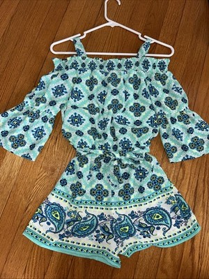 My Michell Girls Size L Multi Color Paisley Teal Romper Elastic Neckline