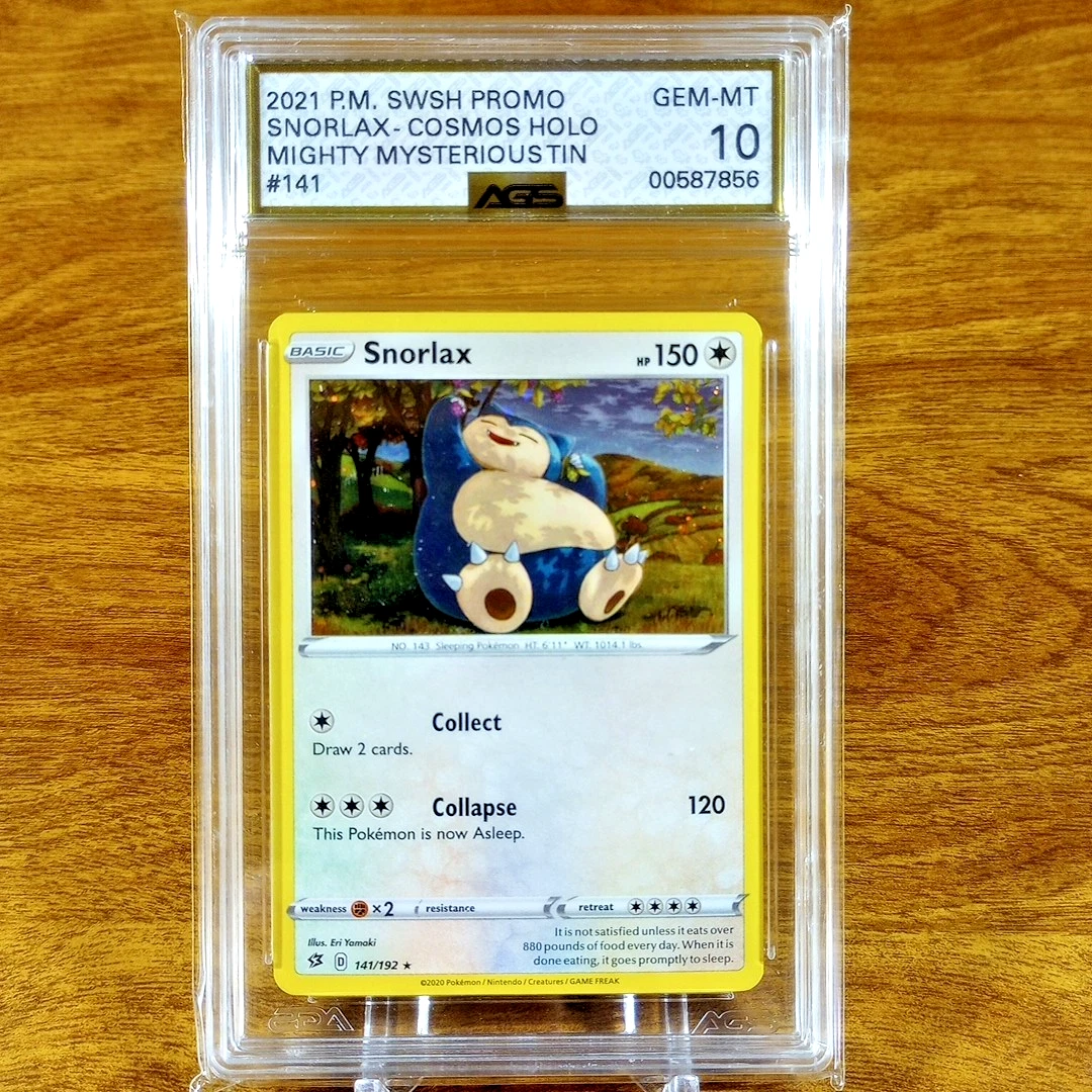 Pokemon Mighty Mysterious Tins Cosmos Holo Snorlax 141/192 AGS Gem-MT 10 2021